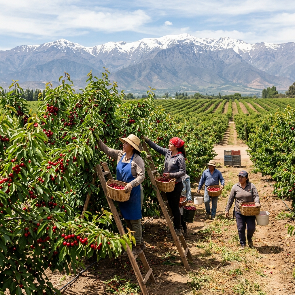 Trabajadores cosechando cerezas en campos de Chile